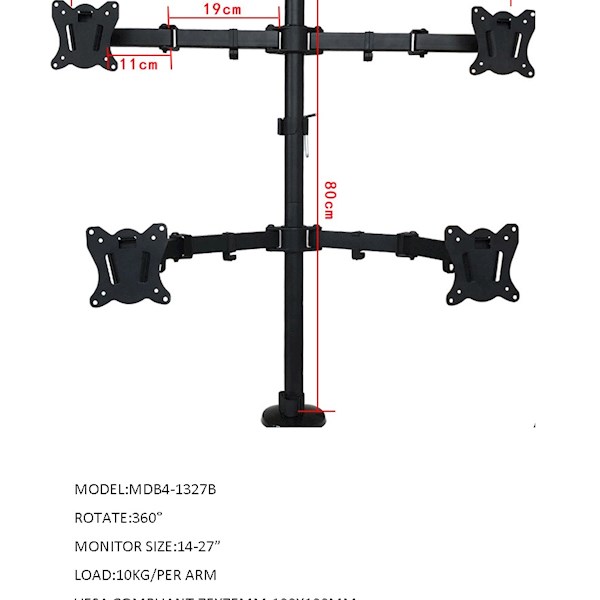 ALLSCREEN MDB4-1327B Triple Monitor Desk Mount Quad-Display MONITOR SIZE:13"-27"