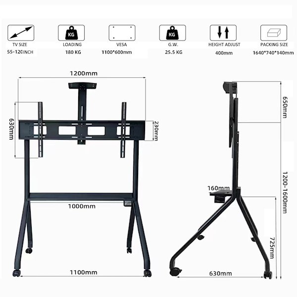 Allscreen Universal LCD LED TV Bracket R12, With Roller, Size 55”-120”, Black